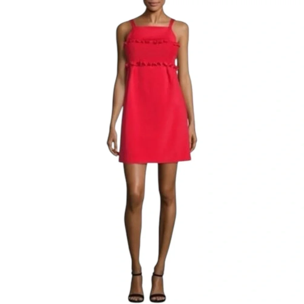 TIBI Smocked Bandeau Overlay Faille Mini Dress in Elia Red | Sleeveless XS 0-2